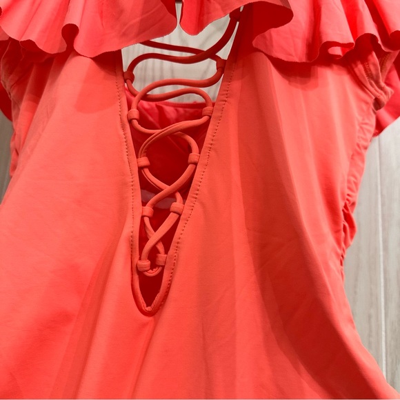 La Blanca Island Goddess Off Shoulder Ruffle One Piece - Hot Coral Swim Suit 10 - Picture 13 of 13